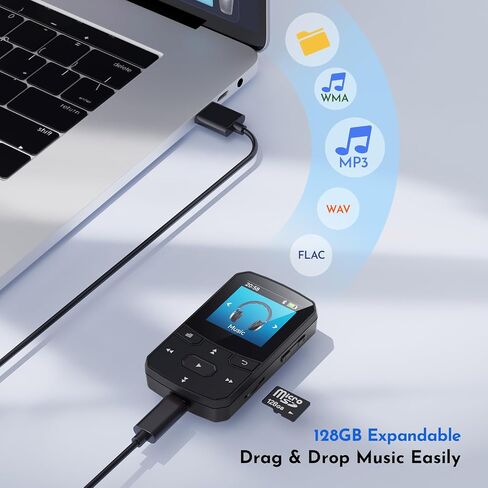 مشغل MP3 RUIZU بسعة 64 جيجابايت مزود بتقنية Bluetooth 5.3 لإعادة الاتصال التلقائي، ويزن 1 أونصة | مشغل موسيقى محمول للجري الرياضي، زر مادي، راديو FM، مسجل صوت، شاشة 1.5 بوصة، يدعم بطاقة microSD سعة 128 جيجابايت in Kuwait