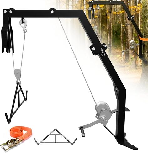 Tree Mounted Deer Hoist with Gambrel - 500lbs Game Hoist with Winch, Ratchet Strap, 23ft Cable, Portable Detachable Hunting Kit for Heavy Duty Deer Hanger for Skinning, Field Dressing in Kuwait