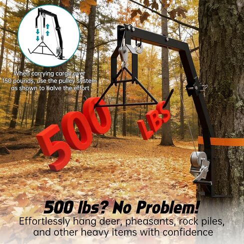 Tree Mounted Deer Hoist with Gambrel - 500lbs Game Hoist with Winch, Ratchet Strap, 23ft Cable, Portable Detachable Hunting Kit for Heavy Duty Deer Hanger for Skinning, Field Dressing in Kuwait