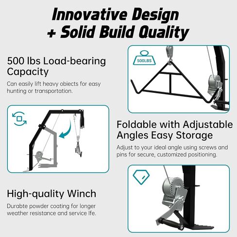Tree Mounted Deer Hoist with Gambrel - 500lbs Game Hoist with Winch, Ratchet Strap, 23ft Cable, Portable Detachable Hunting Kit for Heavy Duty Deer Hanger for Skinning, Field Dressing in Kuwait