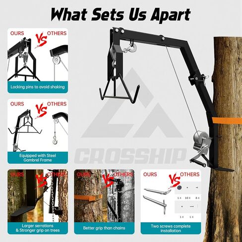 Tree Mounted Deer Hoist with Gambrel - 500lbs Game Hoist with Winch, Ratchet Strap, 23ft Cable, Portable Detachable Hunting Kit for Heavy Duty Deer Hanger for Skinning, Field Dressing in Kuwait