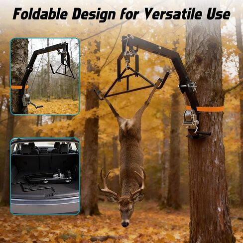 Tree Mounted Deer Hoist with Gambrel - 500lbs Game Hoist with Winch, Ratchet Strap, 23ft Cable, Portable Detachable Hunting Kit for Heavy Duty Deer Hanger for Skinning, Field Dressing in Kuwait