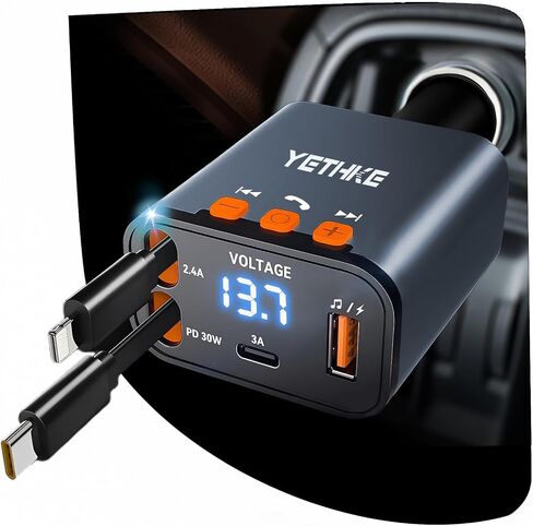 Bluetooth Car Adapter with Retractable Charger, FM Transmitter Bluetooth 5.4 for Cars, 4 in 1 Fast Car Phone Charger 69W, Handsfree Call, 2*Retractable Cable for iPhone 17/16/15/14, Galaxy-Black in Saudi Arabia