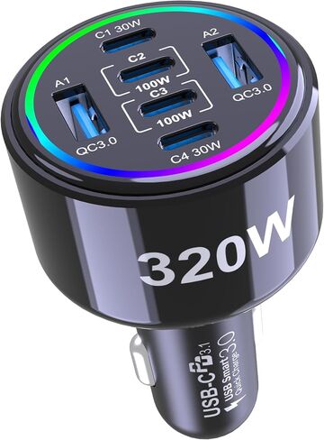 320W USB C Car Charger, 6 Ports Type C Car Charger | PD3.0/QC4.0/PPS Super Fast Charging for iPhone 17/16/15 Series, Galaxy S25/S24/23, iPad, MacBook Pro/Air, Laptop (Black) in Saudi Arabia