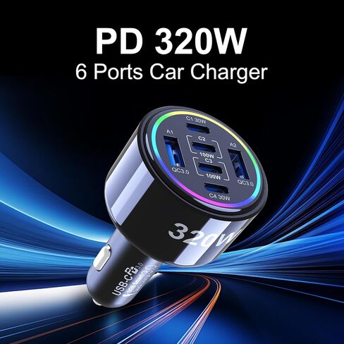 320W USB C Car Charger, 6 Ports Type C Car Charger | PD3.0/QC4.0/PPS Super Fast Charging for iPhone 17/16/15 Series, Galaxy S25/S24/23, iPad, MacBook Pro/Air, Laptop (Black) in Saudi Arabia