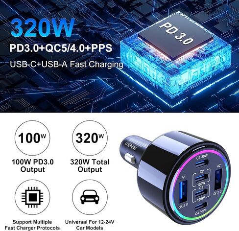 320W USB C Car Charger, 6 Ports Type C Car Charger | PD3.0/QC4.0/PPS Super Fast Charging for iPhone 17/16/15 Series, Galaxy S25/S24/23, iPad, MacBook Pro/Air, Laptop (Black) in Saudi Arabia