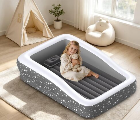 Inflatable Toddler Air Mattress Travel Bed With Safety Rails 300lb Capacity | 4-Sided Safety Rails, 67 Inches Long, 30% Thicker PVC, 20S Fast Inflate, with Pump & Pillow, Skin-Friendly Flocked Surface in Saudi Arabia