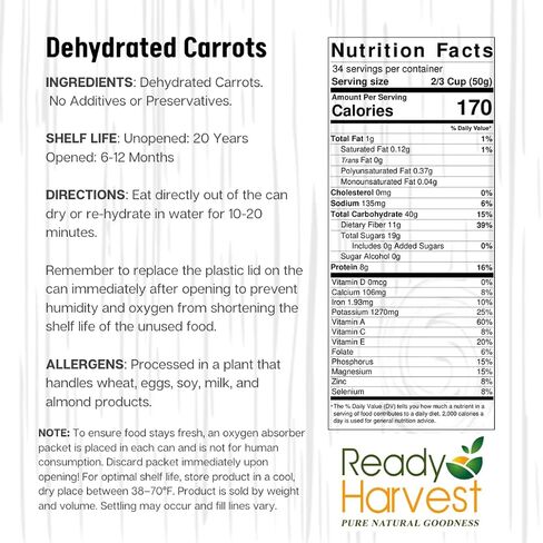 Ready Harvest Dehydrated Food - Carrots | Emergency Food | Dried Vegetables | #10 Can | 25-Year Shelf Life | 3 lbs | Cans Filled to the Top in Saudi Arabia