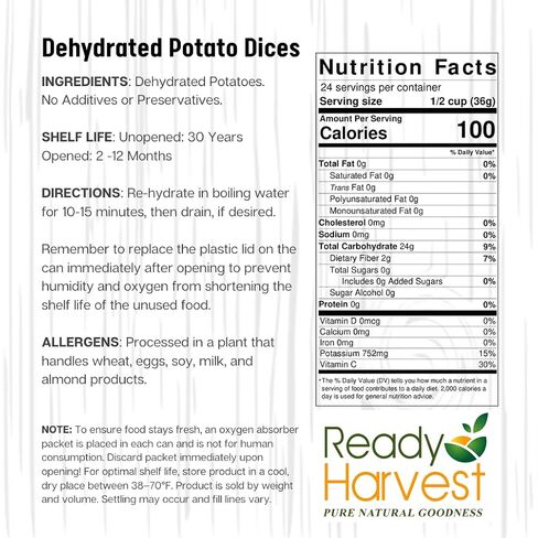 Ready Harvest Dehydrated Food - Potato Dices | Emergency Food | Dried Potatoes | #10 Can | 30-Year Shelf Life | Cans Filled to the Top in Saudi Arabia