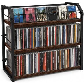 3-Tier CD Storage Rack, CD Holder Tower Holds 123 CDs with Display Top Shelf, Metal and Wood CD Organizer Stand for Standard Jewel Cases, Compact Desktop CD Shelf for Home Office in Saudi Arabia