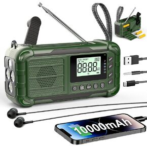 NOAA Weather Radio Emergency, 10000mAh Solar Hand Crank Radio | Replaceable Battery, AM/FM Battery Operated, USB-C Cell Phone Charger, Warning Light, Flashlight, SOS for Power Outage in Kuwait