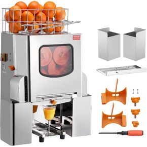 VEVOR Commercial Orange Juicer Machine, 120W Automatic Feeding Juice Extractor, Stainless Steel Juice Extractor for 25 Oranges Per Minute, with Pull-Out Filter Box, PC Cover, 2 Peel Collecting Buckets in Saudi Arabia