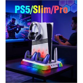 Cooling Station for PS5 Slim Pro,Vertical Stand with Adjustable Fan Charger | Gift for PS5 Long Gaming,3 Level Quiet Fan,Two Controller Charging,10 Colors Dynamic Mode,Headset Hook,USB Hub,Anti-Slip Base in Saudi Arabia