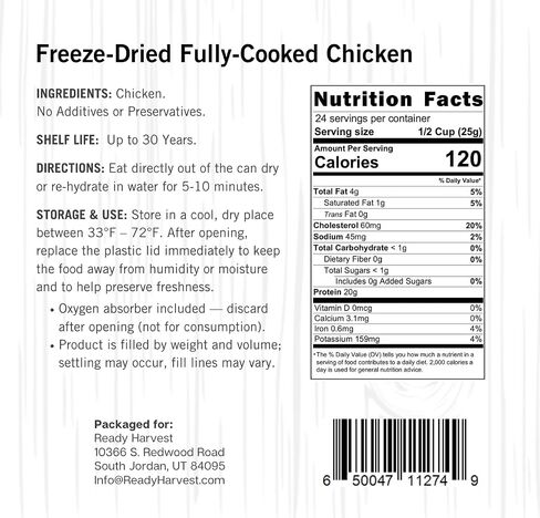 Ready Harvest Freeze-Dried Fully Cooked Chicken Dices | 24 Servings | Long-Term Emergency Food | Up to 30-Year Shelf Life | #10 Can (1 lb / 454 g) | 1 Unit in Saudi Arabia