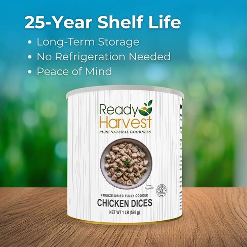 Ready Harvest Freeze-Dried Fully Cooked Chicken Dices | 24 Servings | Long-Term Emergency Food | Up to 30-Year Shelf Life | #10 Can (1 lb / 454 g) | 1 Unit in Saudi Arabia