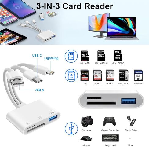 قارئ بطاقة SD لجهاز iPhone iPad Mac، USB C & Lightning & USB-A 3 في 1 محول MircoSD/SD للكاميرا الرقمية USBC USB A قارئ بطاقة الذاكرة لأجهزة Apple جميع الأجهزة/الهاتف من النوع C/الكمبيوتر المحمول/الكمبيوتر in Kuwait