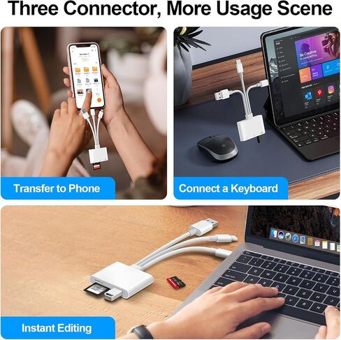 قارئ بطاقة SD لجهاز iPhone iPad Mac، USB C & Lightning & USB-A 3 في 1 محول MircoSD/SD للكاميرا الرقمية USBC USB A قارئ بطاقة الذاكرة لأجهزة Apple جميع الأجهزة/الهاتف من النوع C/الكمبيوتر المحمول/الكمبيوتر in Kuwait