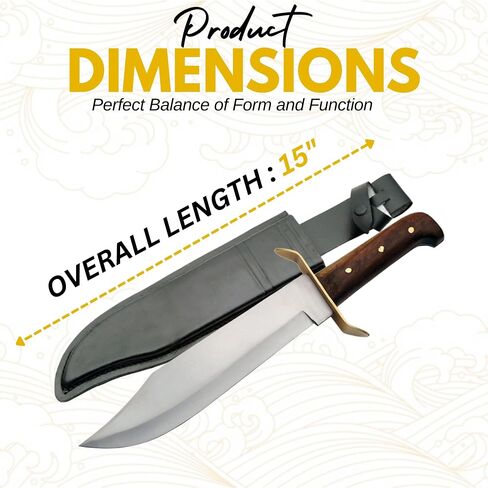SZCO Supplies 15-Inch Bowie Knife with Carbon Steel Clip-Point Blade, Wooden Handle, and Leather Sheath – Hunting, Camping, Survival, and Outdoor Knife in Kuwait