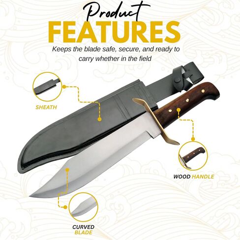 SZCO Supplies 15-Inch Bowie Knife with Carbon Steel Clip-Point Blade, Wooden Handle, and Leather Sheath – Hunting, Camping, Survival, and Outdoor Knife in Kuwait