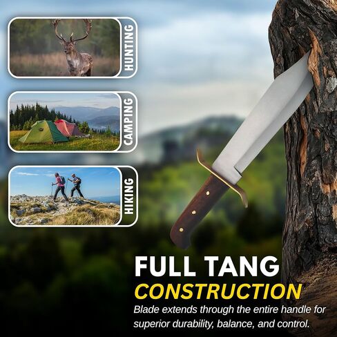 SZCO Supplies 15-Inch Bowie Knife with Carbon Steel Clip-Point Blade, Wooden Handle, and Leather Sheath – Hunting, Camping, Survival, and Outdoor Knife in Kuwait