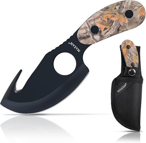Maxam All in One Fixed Blade Skinning Knife with Gut-Hook, Camo, Full Tang, 7 Inch Knife Includes Nylon Sheath in Saudi Arabia
