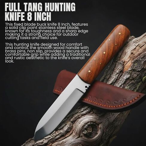 SZCO Full Tang Hunting Knife 8 Inch - Classic Patch Camping Knife with Burlwood Handle, Stainless Steel Blade & Sheath - Brown Pocket Knife for Hunting, Cutting & Outdoor uses - Knives for Men in Kuwait