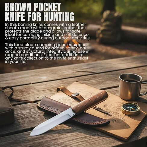 SZCO Full Tang Hunting Knife 8 Inch - Classic Patch Camping Knife with Burlwood Handle, Stainless Steel Blade & Sheath - Brown Pocket Knife for Hunting, Cutting & Outdoor uses - Knives for Men in Kuwait