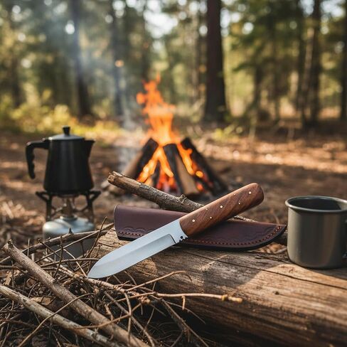 SZCO Full Tang Hunting Knife 8 Inch - Classic Patch Camping Knife with Burlwood Handle, Stainless Steel Blade & Sheath - Brown Pocket Knife for Hunting, Cutting & Outdoor uses - Knives for Men in Kuwait