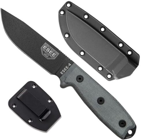 ESEE 4P Survival Knife - Field Tested Fixed Blade Knife with Molded Polymer Sheath & Clip Plate, Full Tang, Plain Edge - Durable Outdoor Camping Blade with Sheath for Survival in Kuwait