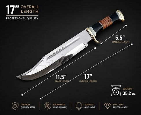 D2 17 Inches Large Crocodile Dundee Bowie Knife with Leather Sheath Big Survival Fixed Blade Knife with Leather and Horn Handle for Outdoor Camping Knives For Men in Saudi Arabia