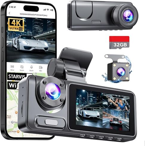 Dash Cam Front Rear with 3 Channel, 4K Full UHD Car Camera | Dash Camera for Cars with Free 32GB Card, WiFi & App Control, IR Night Vision, 24 Parking Mode, Loop Recording, G-Sensor in Saudi Arabia