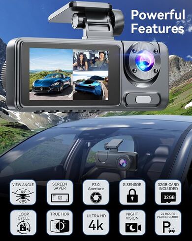 Dash Cam Front Rear with 3 Channel, 4K Full UHD Car Camera | Dash Camera for Cars with Free 32GB Card, WiFi & App Control, IR Night Vision, 24 Parking Mode, Loop Recording, G-Sensor in Saudi Arabia