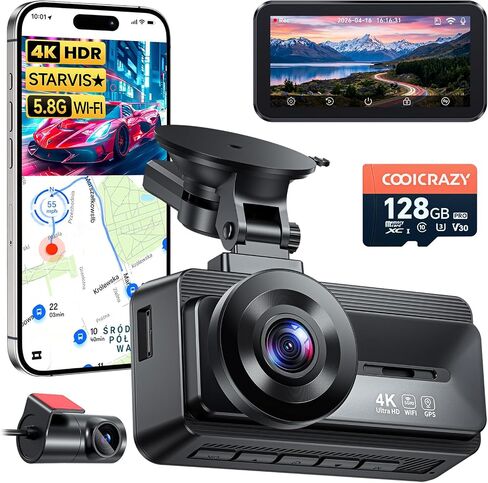 Coolcrazy 4K Dash Cam Front and Rear, STARVIS Sensor, Free 128GB Card Included, 5GHz WiFi-up to 20MB/s, Dual Dash Camera for Cars, Built-in GPS, G-Sensor, WDR/HDR Super Night Vision, 24H Parking Mode in Saudi Arabia
