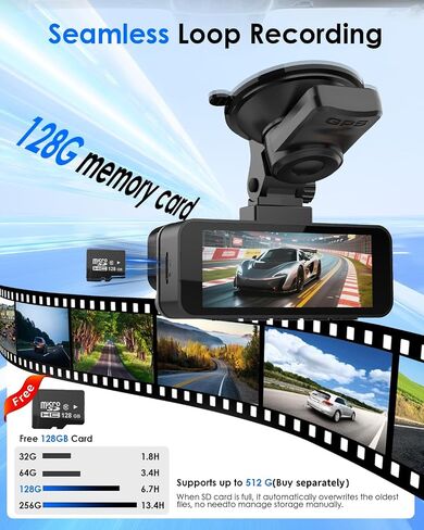 4K+4K Dash Cam Front and Rear, Free 128GB Card Included, 5.8GHz WiFi-20MB/s Fast Download, Dash Camera for Cars with Accurate GPS, G-Sensor, WDR Night Vision, 3.39" IPS Screen, 24H Parking Mode in Kuwait