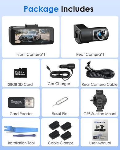 4K+4K Dash Cam Front and Rear, Free 128GB Card Included, 5.8GHz WiFi-20MB/s Fast Download, Dash Camera for Cars with Accurate GPS, G-Sensor, WDR Night Vision, 3.39" IPS Screen, 24H Parking Mode in Kuwait