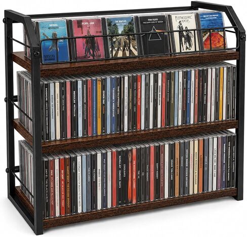 3-Tier CD Storage Rack, CD Holder Tower Holds 123 CDs with Display Top Shelf, Metal and Wood CD Organizer Stand for Standard Jewel Cases, Compact Desktop CD Shelf for Home Office in Saudi Arabia