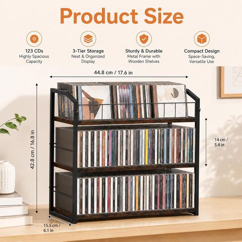 3-Tier CD Storage Rack, CD Holder Tower Holds 123 CDs with Display Top Shelf, Metal and Wood CD Organizer Stand for Standard Jewel Cases, Compact Desktop CD Shelf for Home Office in Saudi Arabia