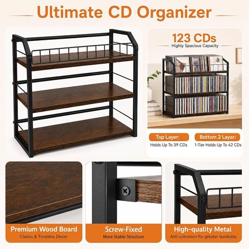 3-Tier CD Storage Rack, CD Holder Tower Holds 123 CDs with Display Top Shelf, Metal and Wood CD Organizer Stand for Standard Jewel Cases, Compact Desktop CD Shelf for Home Office in Saudi Arabia
