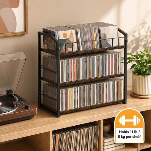3-Tier CD Storage Rack, CD Holder Tower Holds 123 CDs with Display Top Shelf, Metal and Wood CD Organizer Stand for Standard Jewel Cases, Compact Desktop CD Shelf for Home Office in Saudi Arabia