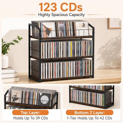 3-Tier CD Storage Rack, CD Holder Tower Holds 123 CDs with Display Top Shelf, Metal and Wood CD Organizer Stand for Standard Jewel Cases, Compact Desktop CD Shelf for Home Office in Saudi Arabia