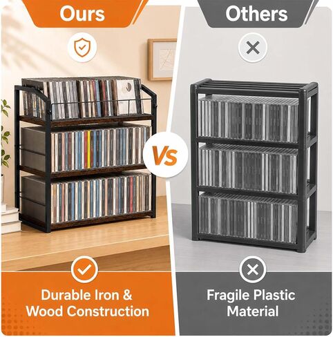 3-Tier CD Storage Rack, CD Holder Tower Holds 123 CDs with Display Top Shelf, Metal and Wood CD Organizer Stand for Standard Jewel Cases, Compact Desktop CD Shelf for Home Office in Saudi Arabia