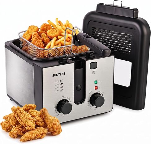 SUSTEAS Electric Deep Fryer with Basket, Oil Fryer for Home Use, 2.25Qt | 10 Cup Oil Capacity, Timer, Adjustable Temperature, Viewing Window Lid, Odor Free Filter, Stainless Steel Kitchen Freidora in Saudi Arabia