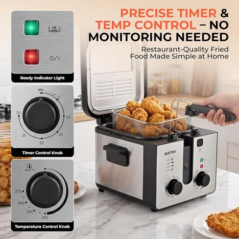 SUSTEAS Electric Deep Fryer with Basket, Oil Fryer for Home Use, 2.25Qt | 10 Cup Oil Capacity, Timer, Adjustable Temperature, Viewing Window Lid, Odor Free Filter, Stainless Steel Kitchen Freidora in Saudi Arabia