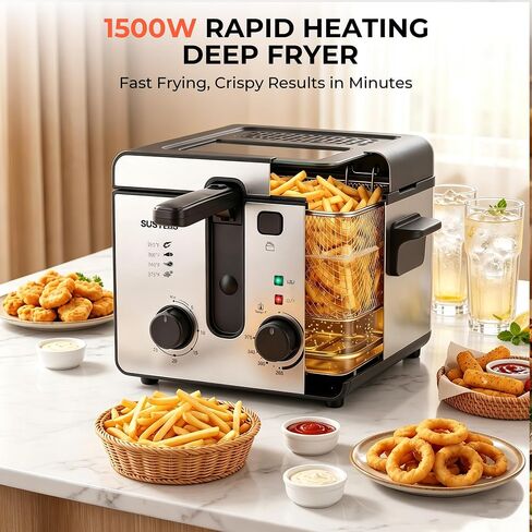 SUSTEAS Electric Deep Fryer with Basket, Oil Fryer for Home Use, 2.25Qt | 10 Cup Oil Capacity, Timer, Adjustable Temperature, Viewing Window Lid, Odor Free Filter, Stainless Steel Kitchen Freidora in Saudi Arabia