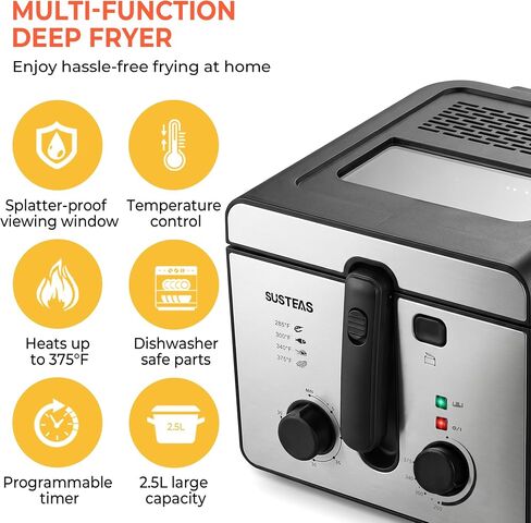 SUSTEAS Electric Deep Fryer with Basket, Oil Fryer for Home Use, 2.25Qt | 10 Cup Oil Capacity, Timer, Adjustable Temperature, Viewing Window Lid, Odor Free Filter, Stainless Steel Kitchen Freidora in Saudi Arabia