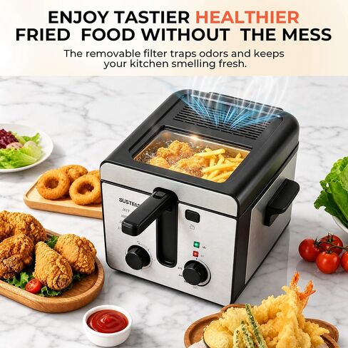 SUSTEAS Electric Deep Fryer with Basket, Oil Fryer for Home Use, 2.25Qt | 10 Cup Oil Capacity, Timer, Adjustable Temperature, Viewing Window Lid, Odor Free Filter, Stainless Steel Kitchen Freidora in Saudi Arabia