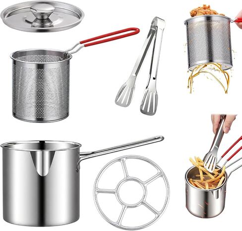 401 Stainlesss Teel Pot with Lift-Outdrainingbasket, 2027New Five Piece Set | Personal Mini Deep Fryer Set – 1.2lPortable Stainless Steel Pot with Lift-Out Draining Basket & Food Tongs in Saudi Arabia