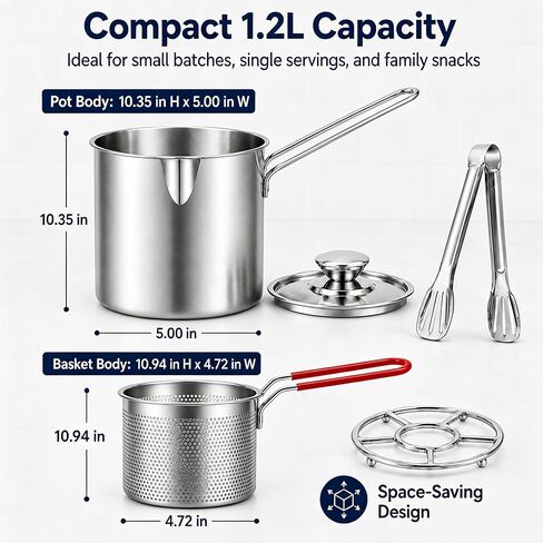 401 Stainlesss Teel Pot with Lift-Outdrainingbasket, 2027New Five Piece Set | Personal Mini Deep Fryer Set – 1.2lPortable Stainless Steel Pot with Lift-Out Draining Basket & Food Tongs in Saudi Arabia