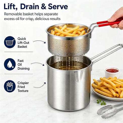 401 Stainlesss Teel Pot with Lift-Outdrainingbasket, 2027New Five Piece Set | Personal Mini Deep Fryer Set – 1.2lPortable Stainless Steel Pot with Lift-Out Draining Basket & Food Tongs in Saudi Arabia