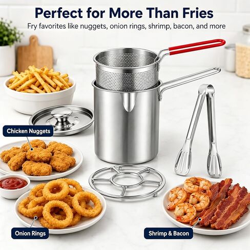 401 Stainlesss Teel Pot with Lift-Outdrainingbasket, 2027New Five Piece Set | Personal Mini Deep Fryer Set – 1.2lPortable Stainless Steel Pot with Lift-Out Draining Basket & Food Tongs in Saudi Arabia